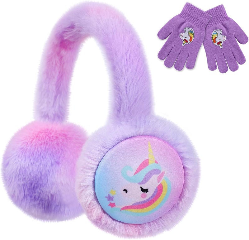 ACTLATI Kids Knit Unicorn Earmuffs and Gloves Set Girls Plush Ear Muffs Winter Outdoor Ear Warmers and Mittens Set - Image 1